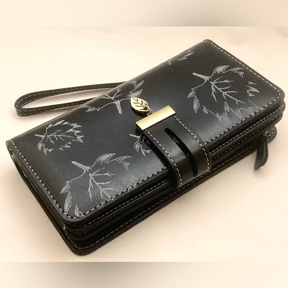 Sendefn Leaf Pattern Large Capacity Storage Credit Card Zip Wallet Black